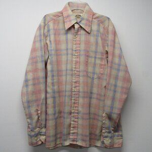 Vintage 70's VIKING Beige Pink Blue Plaid Western Shirt Men's sz M 15 15 1/2